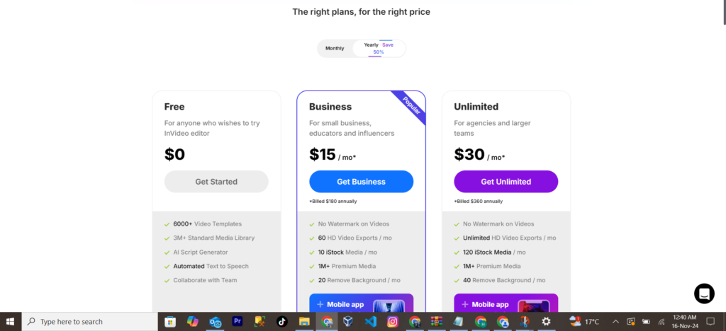 Price and Plan invideo ai